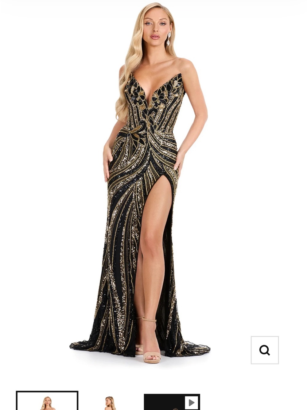 Strapless Black and Gold Sequin Evening Gown
